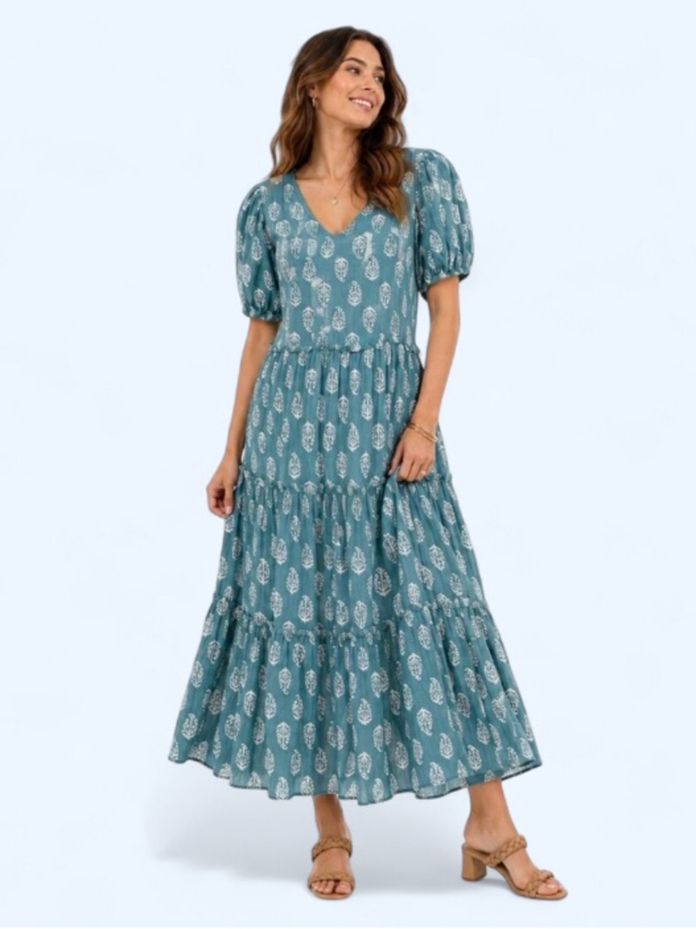 Lucky Brand Women's Teal Puff-Sleeve Tiered Maxi Dress Size Medium Boho Flowy